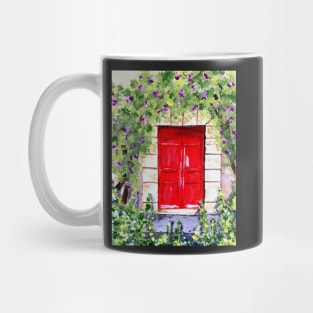 Rustic Red Door in the Woods Surrounded by Flowers Mug